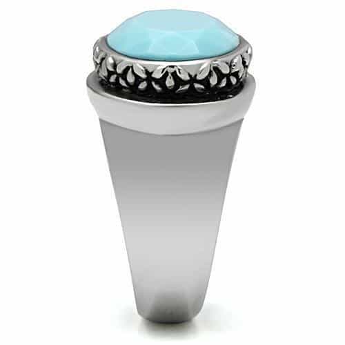 Stainless Steel Silver Turquoise Cabochon Oval Beaded Bezel Ring view 7