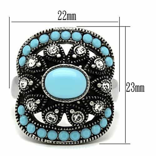 Stainless Steel Silver Turquoise Cabochon CZ Vintage Ornate Ring view 3