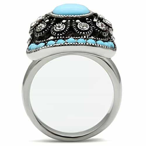 Stainless Steel Silver Turquoise Cabochon CZ Vintage Ornate Ring view 5