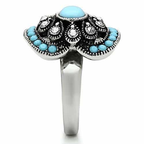Stainless Steel Silver Turquoise Cabochon CZ Vintage Ornate Ring view 7