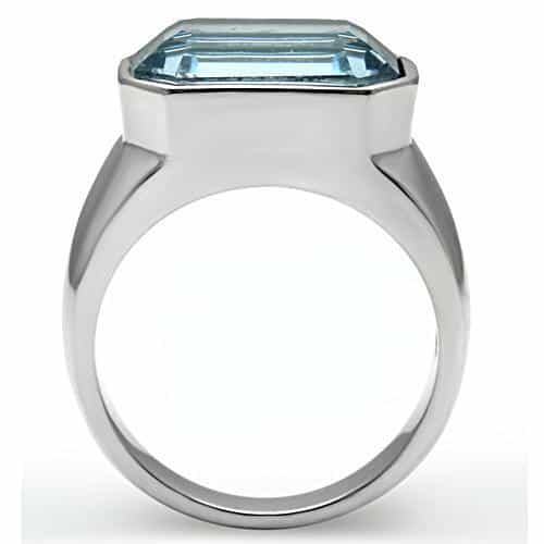 Stainless Steel Silver CZ Emerald Cut Light Blue Flat Mens Ring view 5