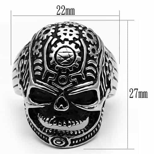 Stainless Steel Silver Tribal Carved Skull Biker Ring view 3