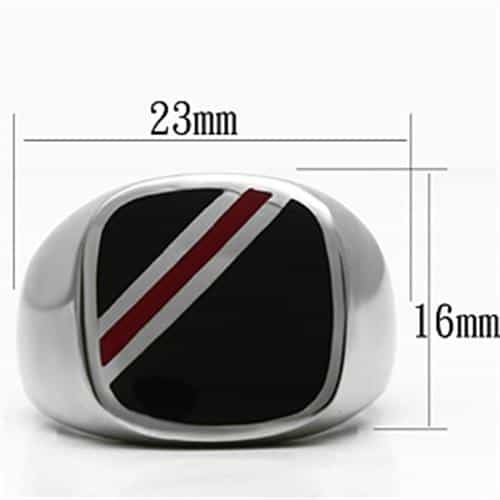 Stainless Steel Silver Black Enamel Red Stripe Square Mens Ring view 3