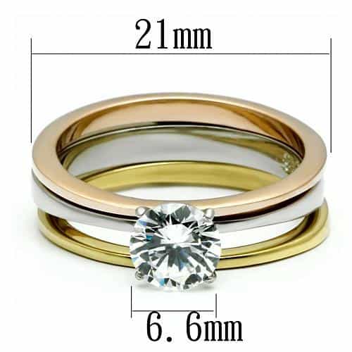 Stainless Steel Silver Gold Rose Gold Tri Tone CZ Solitaire Ring view 3