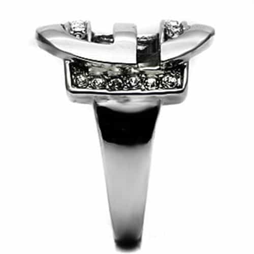 Stainless Steel Silver CZ Pave Geometric Buckle Interlocking Ring view 7