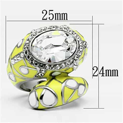 Stainless Steel Silver CZ Oval Clear Yellow Enamel Abstract Ring view 3