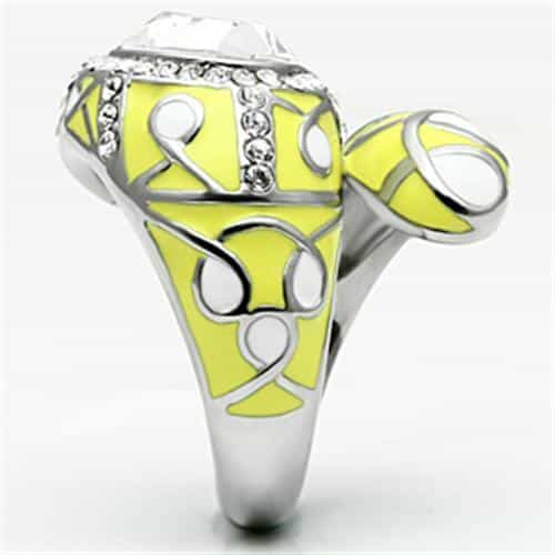 Stainless Steel Silver CZ Oval Clear Yellow Enamel Abstract Ring view 7