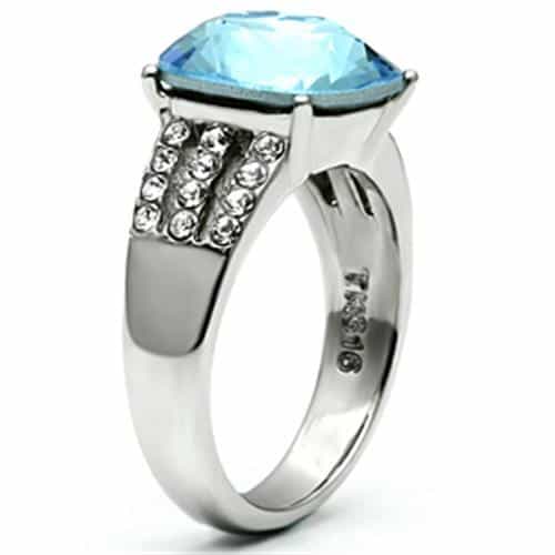 Stainless Steel Silver CZ Cushion Aqua Pave V-Accent Ring view 7