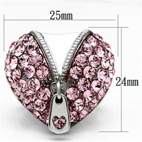 Stainless Steel Pink Crystal Pave Heart Zipper Ring view 3