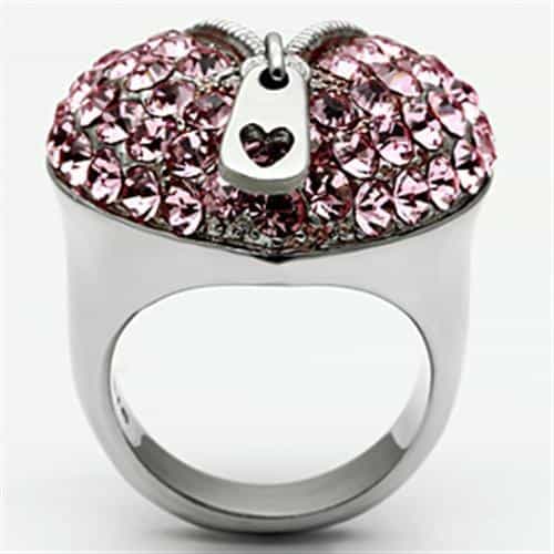 Stainless Steel Pink Crystal Pave Heart Zipper Ring view 5