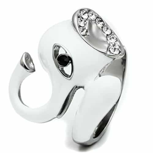 Stainless Steel Silver White Enamel Elephant CZ Eyes 3D Ring view 5