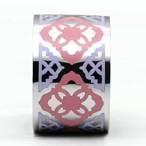 Stainless Steel Silver Pink Purple Floral Enamel Wide Band Ring view 5