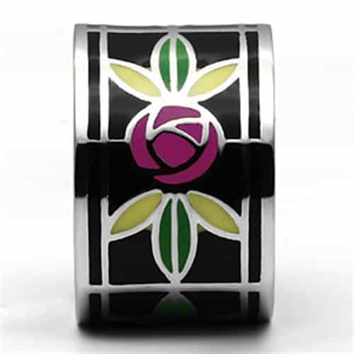 Stainless Steel Silver Black Enamel Stained Glass Rose Wide Ring view 5