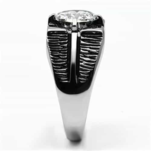 Stainless Steel Silver CZ Round Clear Tall Prong Wing Band Ring view 7