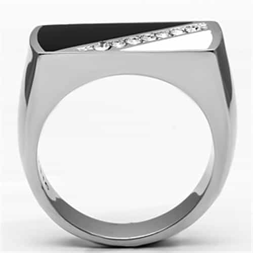 Stainless Steel Silver Black Enamel CZ Diagonal Stripe Mens Ring view 5