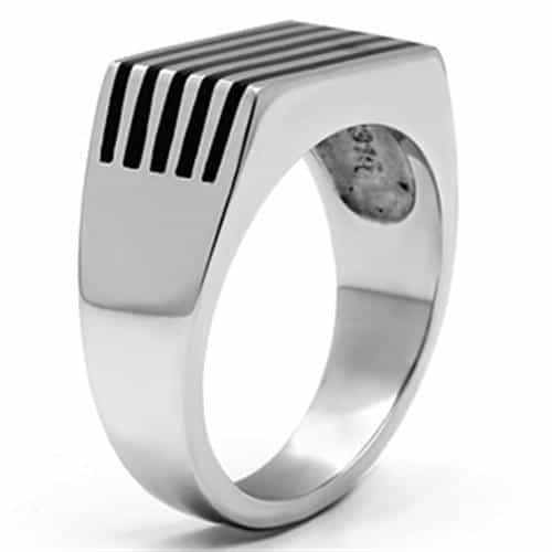 Stainless Steel Silver Black Enamel Stripe Square Flat Mens Ring view 7
