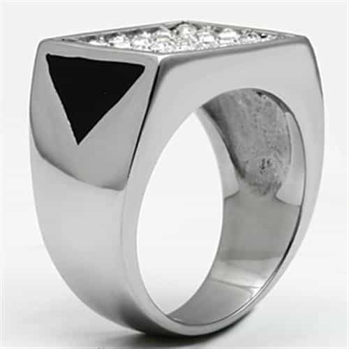 Stainless Steel Silver CZ Pave Rectangle Black Enamel Ring view 7