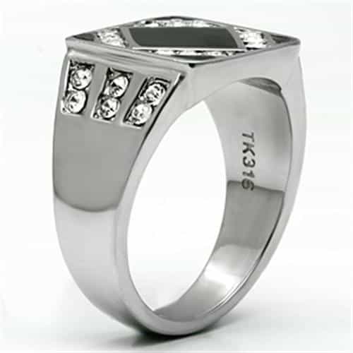 Stainless Steel Silver Black Onyx CZ Halo Diamond Pattern Ring view 7