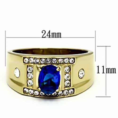 Stainless Steel Gold IP CZ Oval Sapphire CZ Halo Column Mens Ring view 3