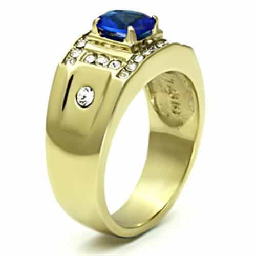 Stainless Steel Gold IP CZ Oval Sapphire CZ Halo Column Mens Ring view 7