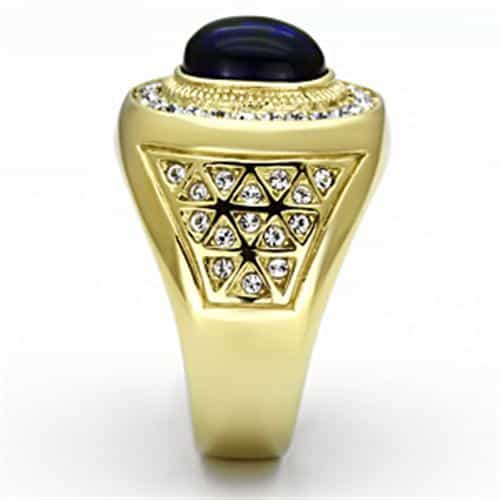 Stainless Steel Gold IP CZ Oval Sapphire Halo Ornate Mens Ring view 7