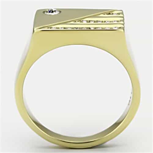 Stainless Steel Gold IP CZ Round Clear Diagonal Stripe Ring view 5