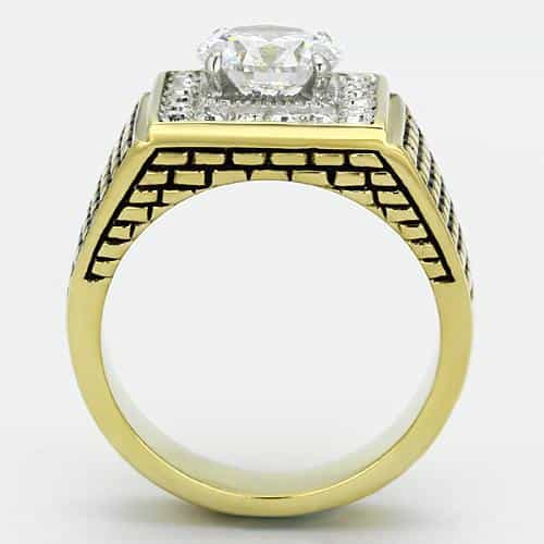 Stainless Steel Gold IP CZ Round Clear Large Halo Crosshatch Ring view 5