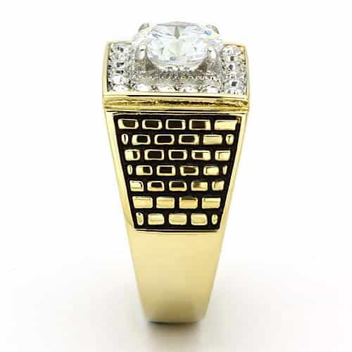 Stainless Steel Gold IP CZ Round Clear Large Halo Crosshatch Ring view 7