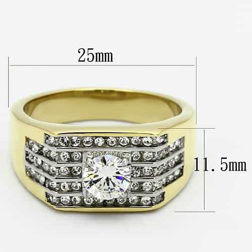 Stainless Steel Gold IP CZ Round Clear Three Row Channel Ring view 3