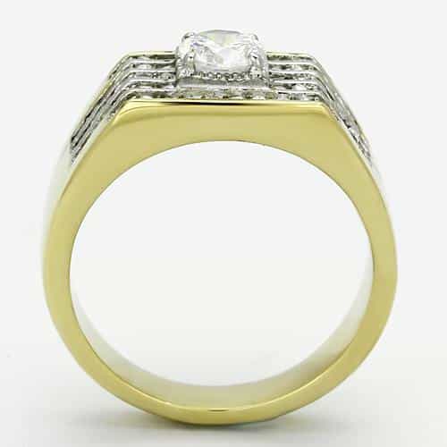 Stainless Steel Gold IP CZ Round Clear Three Row Channel Ring view 5