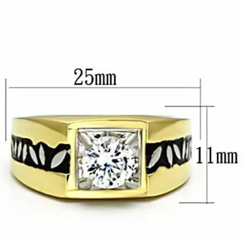 Stainless Steel Gold IP CZ Round Clear Square Leaf Accent Ring view 3