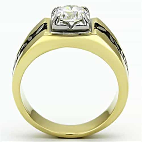 Stainless Steel Gold IP CZ Round Clear Square Leaf Accent Ring view 5