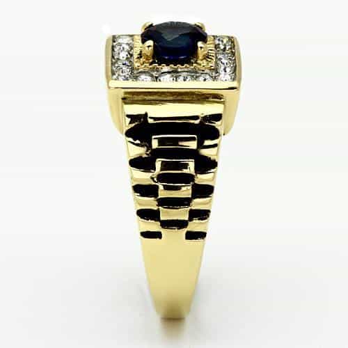 Stainless Steel Gold IP CZ Round Sapphire Pave Square Mens Ring view 7