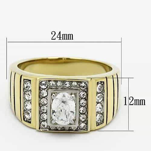 Stainless Steel Gold IP CZ Oval Clear Pave Ribbed Square Ring view 3