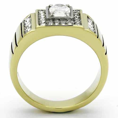 Stainless Steel Gold IP CZ Oval Clear Pave Ribbed Square Ring view 5