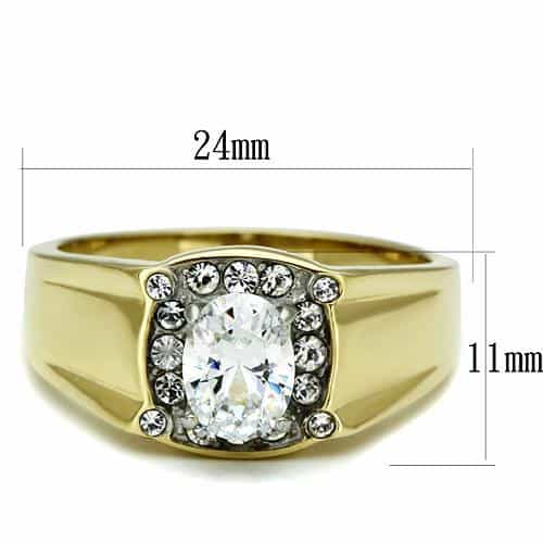 Stainless Steel Gold IP CZ Oval Clear Halo Square Mens Ring view 3
