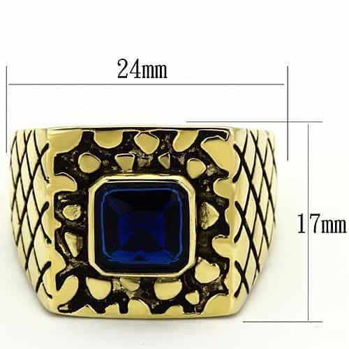 Stainless Steel Gold IP CZ Emerald Cut Sapphire Nugget Grid Ring view 3