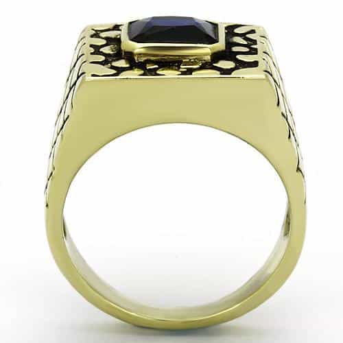 Stainless Steel Gold IP CZ Emerald Cut Sapphire Nugget Grid Ring view 5