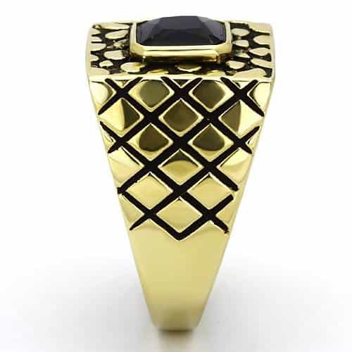 Stainless Steel Gold IP CZ Emerald Cut Sapphire Nugget Grid Ring view 7