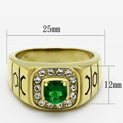 Stainless Steel Gold IP CZ Oval Green CZ Halo Crosshatch Ring view 3