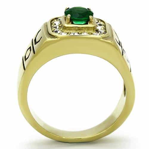 Stainless Steel Gold IP CZ Oval Green CZ Halo Crosshatch Ring view 5