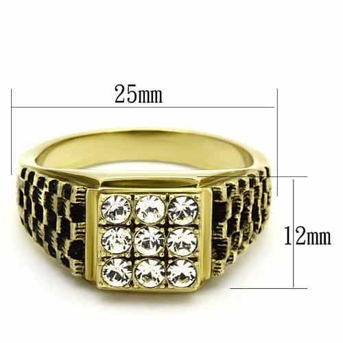 Stainless Steel Gold IP CZ Grid Pave Rope Crosshatch Square Ring view 3