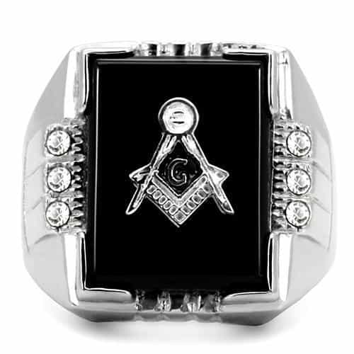 Stainless Steel Silver Masonic Square CZ Side Carved Mens Ring view 5