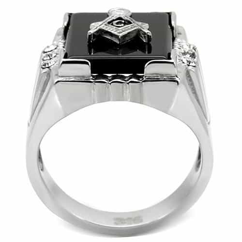 Stainless Steel Silver Masonic Square CZ Side Carved Mens Ring view 7