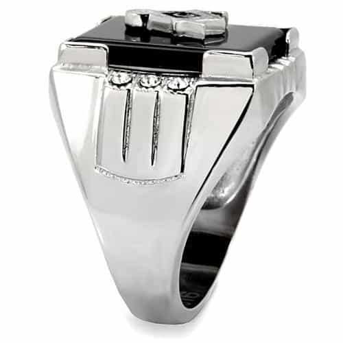 Stainless Steel Silver Masonic Square CZ Side Carved Mens Ring view 9