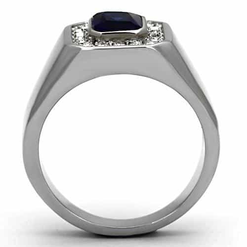 Stainless Steel Silver CZ Emerald Cut Sapphire Halo Octagon Ring view 5