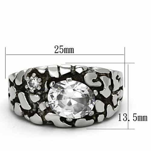 Stainless Steel Silver CZ Oval Clear Nugget Texture Mens Ring view 3