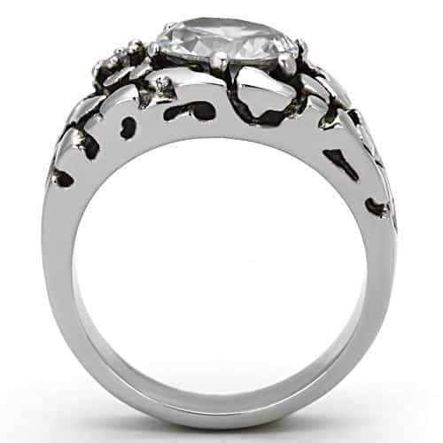Stainless Steel Silver CZ Oval Clear Nugget Texture Mens Ring view 5