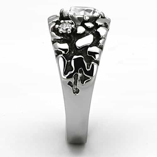 Stainless Steel Silver CZ Oval Clear Nugget Texture Mens Ring view 7