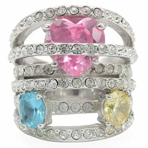 Brass Multi-Color CZ Triple Stone Wide Band Ring view 5